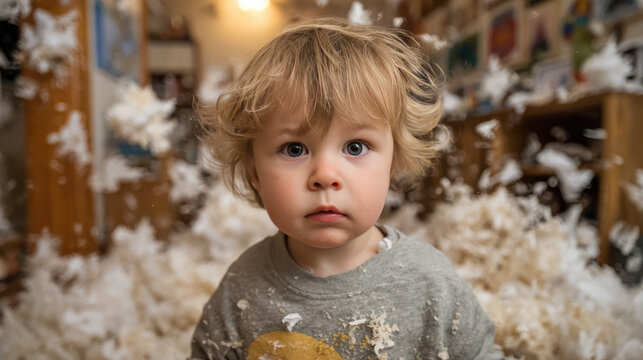 Excited playful toddler with curly hair throwing paper in the air indoors showing joy, hyperactivity, childhood fun, happiness, and carefree innocent energy - Powered by Adobe
