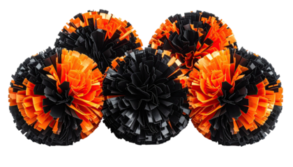 Ornate pom-poms orange, black, clustered, textured