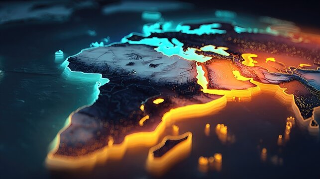 Neon climate change glowing with global heat maps and CO2 visuals, stylized environmental science illustration in neon for educational use
