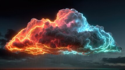 Neon cloud formation glowing with electric condensation lines, stylized atmospheric science concept in neon style for weather or education designs