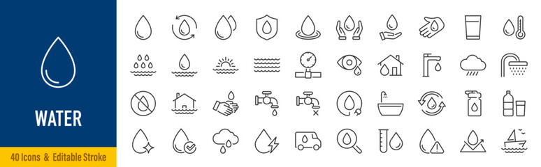 Water web icons in line style. Waterproof, bottle, tap, h2o, rain, shower. Editable stroke. Vector illustration.