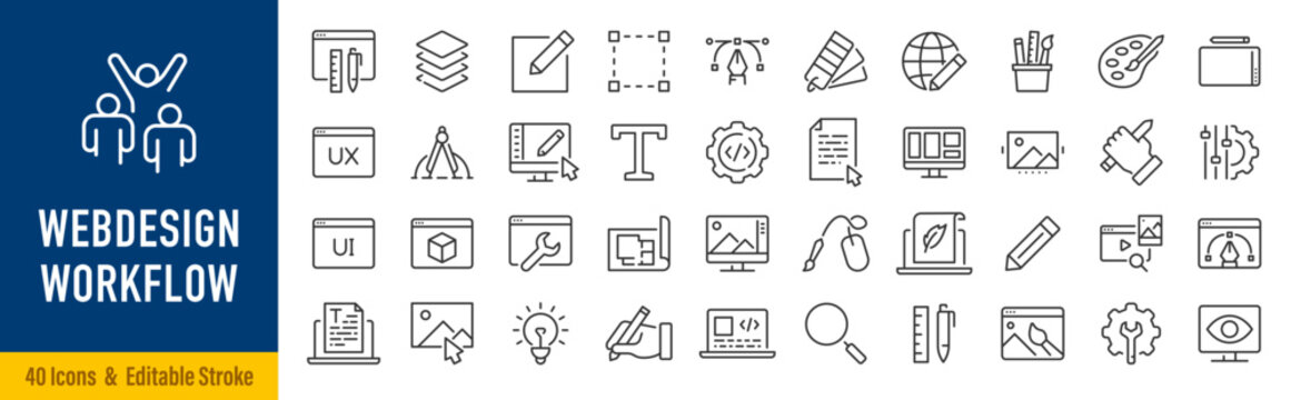 Web Design and Workflow web icons in line style. Web Design, process, planning, strategy, teamwork, productivity, task, step, action, worker. Editable stroke. Vector illustration.