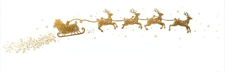 Golden Santa Sleigh with Reindeer Minimal Christmas Illustration. Holday Banner