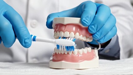 Dentist Demonstrating Correct Tooth Brushing Technique on a Jaw Model.