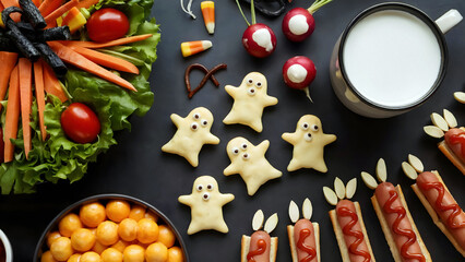 Spooky Halloween treats of ghost cookies appetizers and milk for festive party fun kids