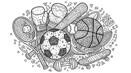 Intricate monochrome zentangle doodle illustration featuring a dynamic composition of various sports equipment with detailed patterns, perfect for coloring.
