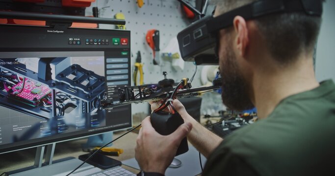 Pre Flight Validation Engineer Testing and Adjusting Drone Performance Parameters. Man Actively Testing Drone Performance Parameters. Concept Critical Pre Flight Validation Process in Specialized Lab.