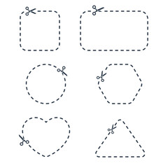 Scissors with line of cut icon set, sewing, tailor and cutoff symbols