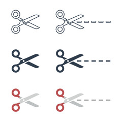Scissors with line of cut icon set, sewing, tailor and cutoff symbols