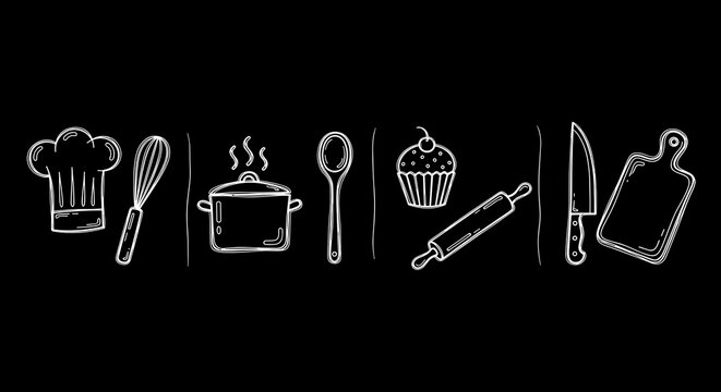 Chalk style kitchen utensils and food icons on a black background