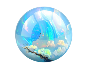 Sky, clouds, and tree branch within a clear, shiny sphere