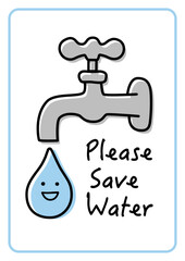 節水イラスト。親しみやすい節水の張り紙ポスター。編集可能な線画デザイン。