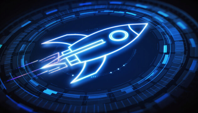 Rocket Launch Icon: A sleek, glowing rocket icon soars through a futuristic digital interface, symbolizing innovation, progress, and the boundless potential of technology.