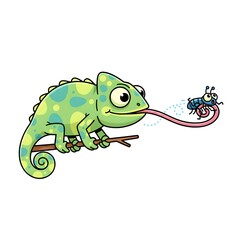 Obraz premium A cartoon chameleon with green and yellow spots sits on a branch, catching a blue and black fly with its long, sticky pink tongue.
