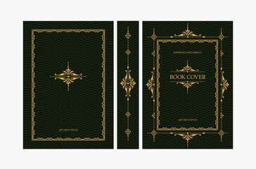 Classic vintage book cover and spine with gold and black art deco, art nouveau ornament, decorative frame, elegant retro style for classic publications, posters, artistic layouts