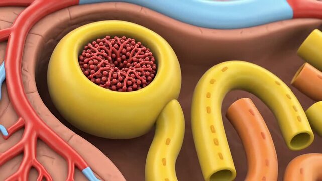 Detailed 3D Animation of the Human Kidney Nephron Structure.