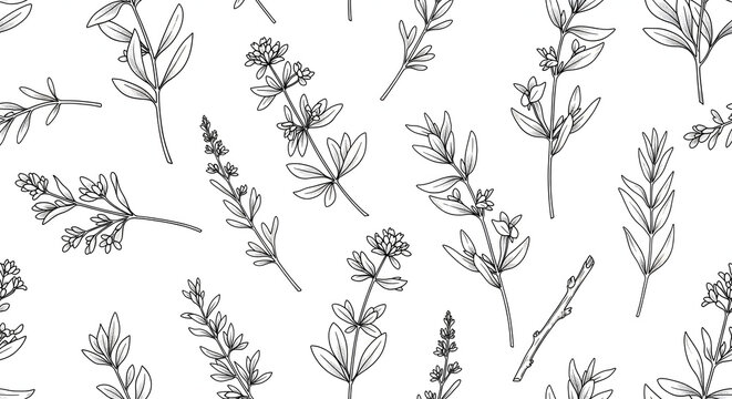 Fototapeta Botanical Black and White Pattern: A monochrome illustration of a collection of detailed botanical branches, leaves, and blooms forming a beautiful seamless pattern.