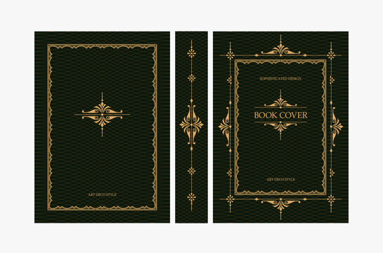 Classic vintage book cover and spine with gold and black art deco, art nouveau ornament, decorative frame, elegant retro style for classic publications, posters, artistic layouts