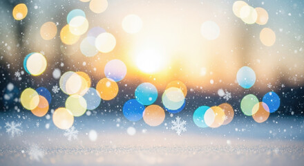 Beautiful shiny snowfall at sunset, celebration backdrop for new year or christmas card, soft focus on glitter snow with copy space for text