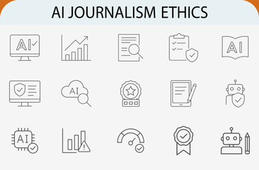 AI journalism ethics line icons set, digital news integrity vector