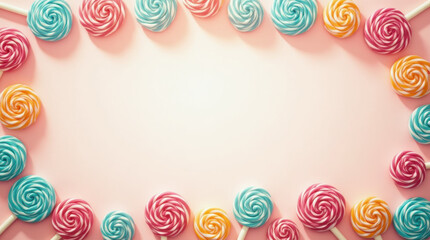 Sweet Candy Border Of Colorful Lollipops Framing A Soft Text Background.
