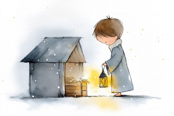 Watercolor illustration of Joseph with glowing lantern near manger, soft snowy Christmas artwork for cards
