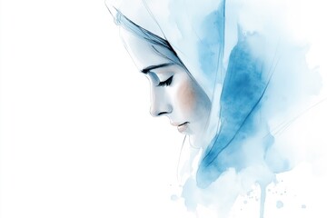 Watercolor portrait of Mary in blue veil praying, serene minimalist Christmas artwork on white background, copy space