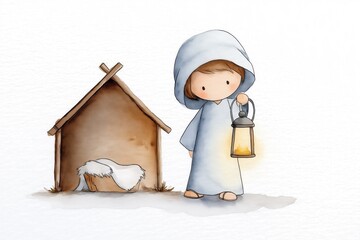 Watercolor Joseph holding lantern beside manger, soft minimalist Christmas illustration with warm glowing light