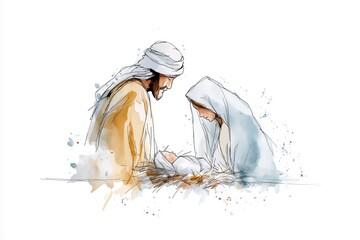 Watercolor Holy Family illustration with Mary and Joseph gazing at baby Jesus, soft minimalist Christmas art
