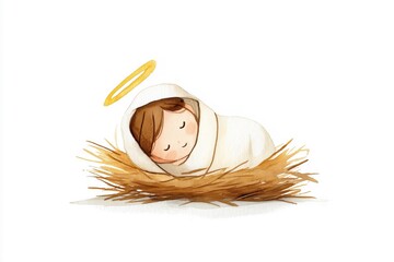 Watercolor illustration of baby Jesus sleeping in hay with halo, minimalist Christmas design in pastel tones