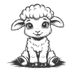 Obraz premium Funny sheep with big eyes is sitting, black and white sketch. Vector illustration. Cute pet, isolated on a white background63