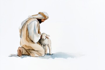 Watercolor shepherd kneeling with lamb on white background, soft Christmas illustration in warm neutrals
