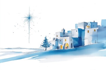Watercolor Bethlehem landscape with Christmas Star, minimal holiday illustration in soft pastel blue tones