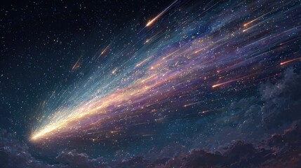 Neon comet illustration glowing with electric tails, vibrant space object in glowing neon art style flying through cosmic background