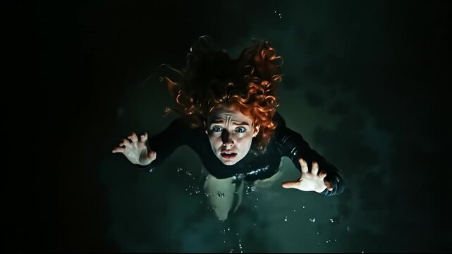 A woman with red hair is underwater with her hands outstretched