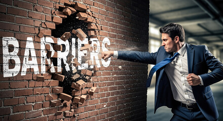Angry businessman breaking brick wall with barriers text with fist concept overcoming obstacles breakthrough success determination power challenge
