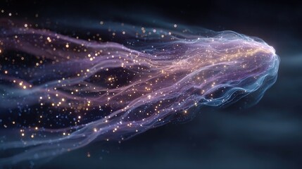 Neon comet illustration glowing with electric tails, vibrant space object in glowing neon art style flying through cosmic background