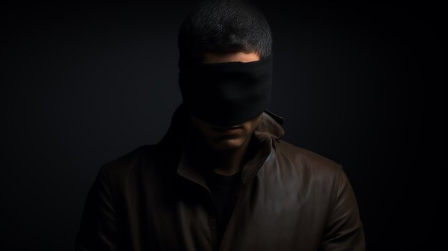 Mysterious figure with blindfold in dark setting.