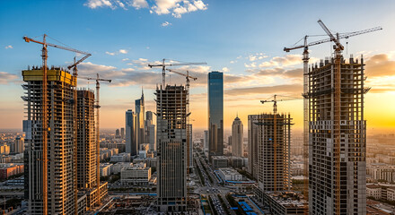 Panoramic view of city construction site with cranes building new skyscrapers at sunset urban...
