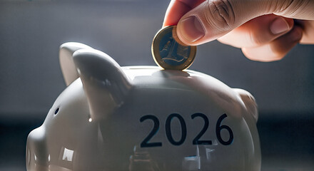 Hand putting gold coin into white piggy bank with number 2026 text close up saving money future financial plan investment budget