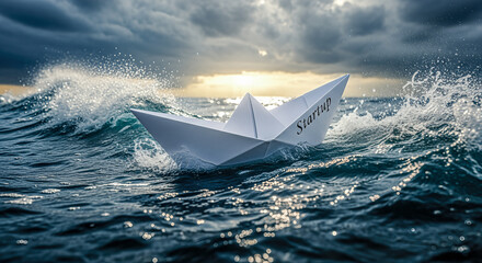 Paper boat startup text navigating rough stormy ocean waves challenging business concept risk management insurance crisis adventure overcoming adversity