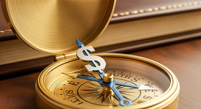 Golden vintage compass dollar sign needle pointing direction financial success investment concept business strategy guidance wealth management