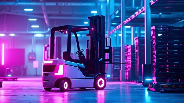 A forklift truck is parked in a warehouse at night