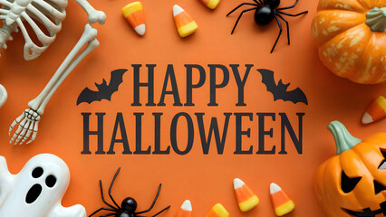 Festive Halloween decorations with pumpkins candy corn and spooky skeletons on orange backdrop
