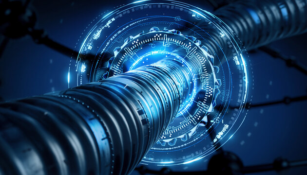 Digital Conduit: A stunning, futuristic view of a glowing digital conduit conveying data, set against a dark backdrop. The vibrant blue hues enhance the advanced technological design.