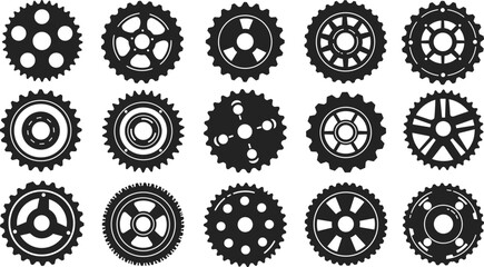 Gear silhouette collection, cogwheel icons illustration, mechanical artwork, engineering design, machinery parts concept, industrial technology symbol set