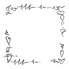 Obraz premium Stylized heart icons and heartbeat pulse ECG line rhythm wrapping square edge with copy space. Vector hand drawn frame, ink and pen. Romantic wedding menu poster, cute love border, digital template.