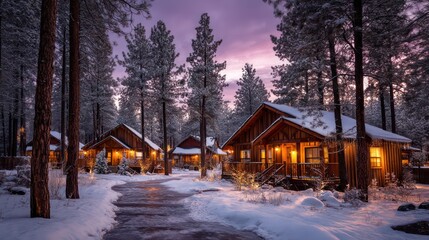 Luxury cabin cluster surrounded by tall pines roofs blanketed in snow illuminated by soft twilight with purple-pink color