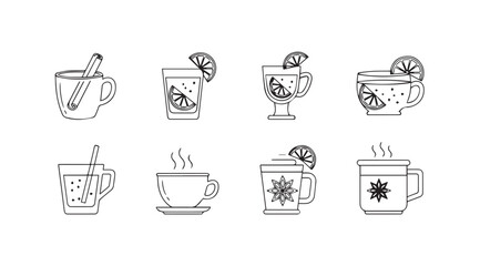 Collection of hand drawn festive hot drink silhouettes with garnishes