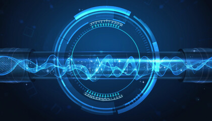 Futuristic Technology Interface: Immerse yourself in a captivating digital realm, featuring a mesmerizing display of data visualization. Dynamic waveforms pulse through a cylindrical conduit.